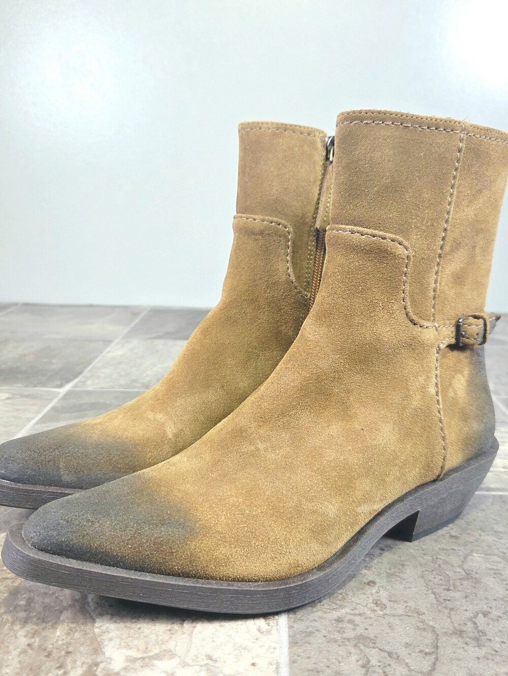 NWT ZARA WORN-EFFECT SUEDE LEATHER WESTERN ANKLE BOOTS.